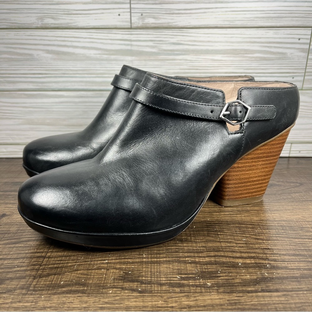 Dansko Black Leather Slip-On Mule Clogs with Wood-Tone Heel